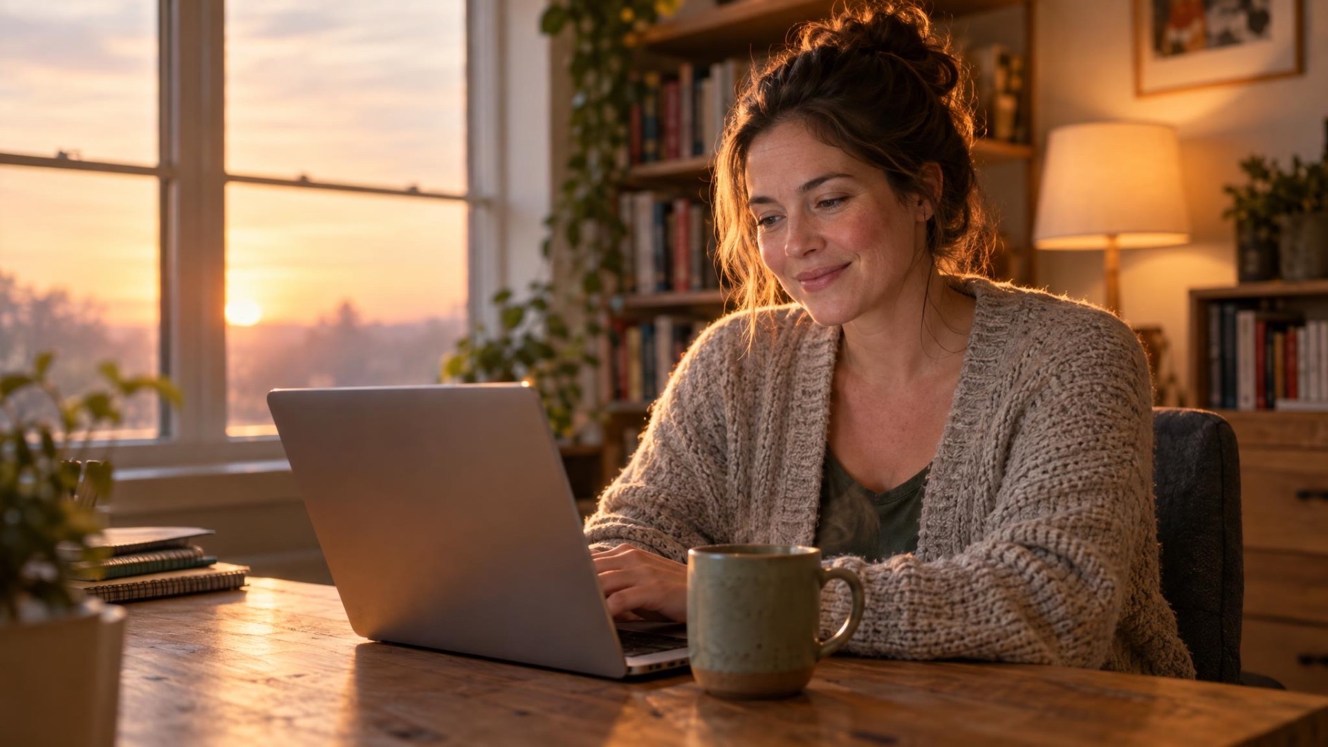 A woman smiling at her laptop at a wooden desk as the sun rises outside her window